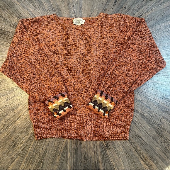 VINTAGE Villager Orange Crew‎ Neck Sweater with Geometric Patterned Cuffs Med. - Picture 1 of 11